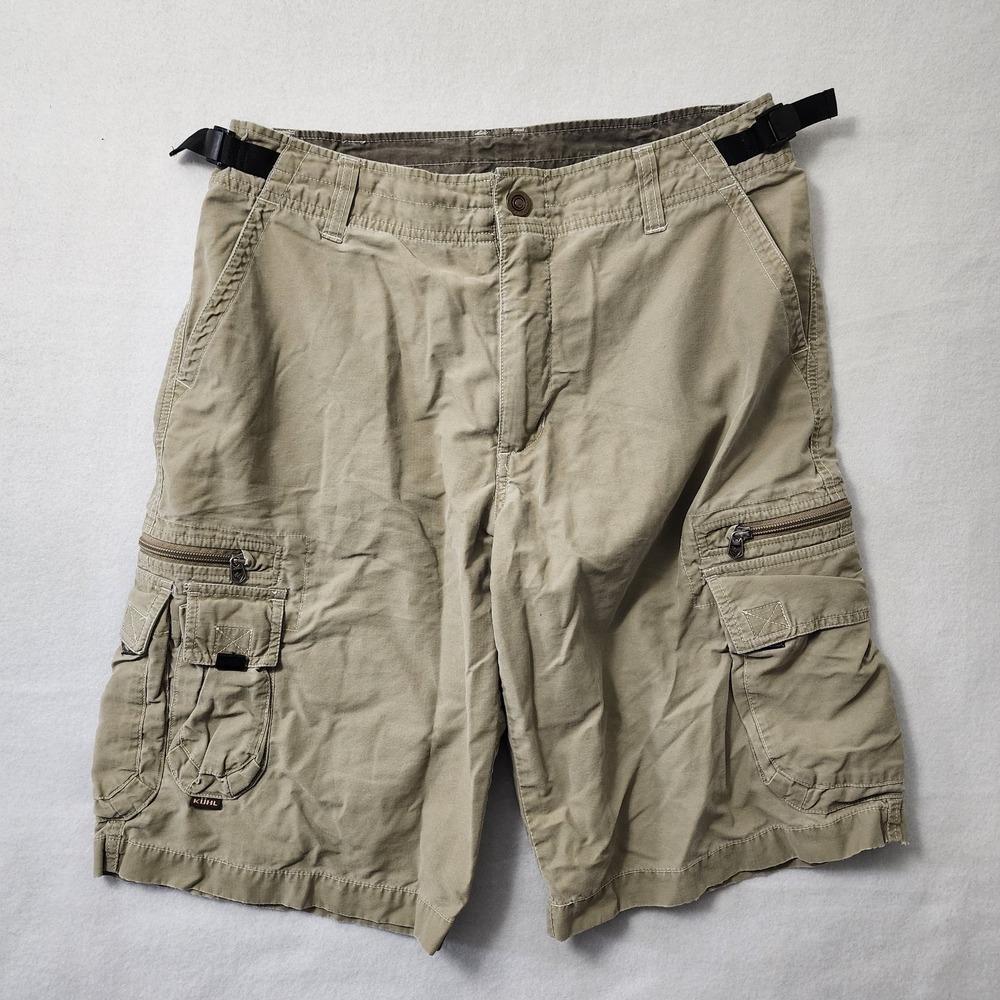 Kuhl Dry Cargo Shorts Mens Medium Tan Adjustable Waist Outdoor Utility Hiking